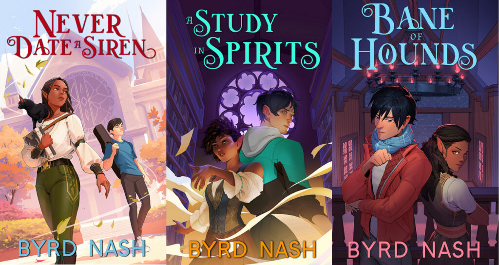 New cover designs: Never Date a Siren A Study in Spirits Bane of Hounds