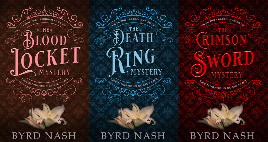 Cover designs: The Blood Locket Mystery The Death Ring Mystery The Crimson Sword Mystery